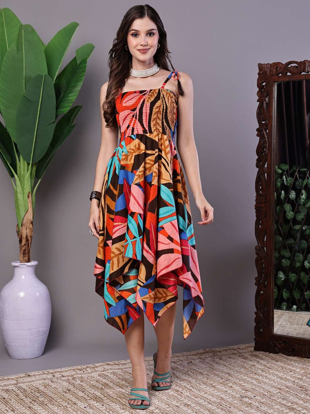 Women's MultiColor Abstract Print Cotton Handkerchief Hem Dress Midi Dresses