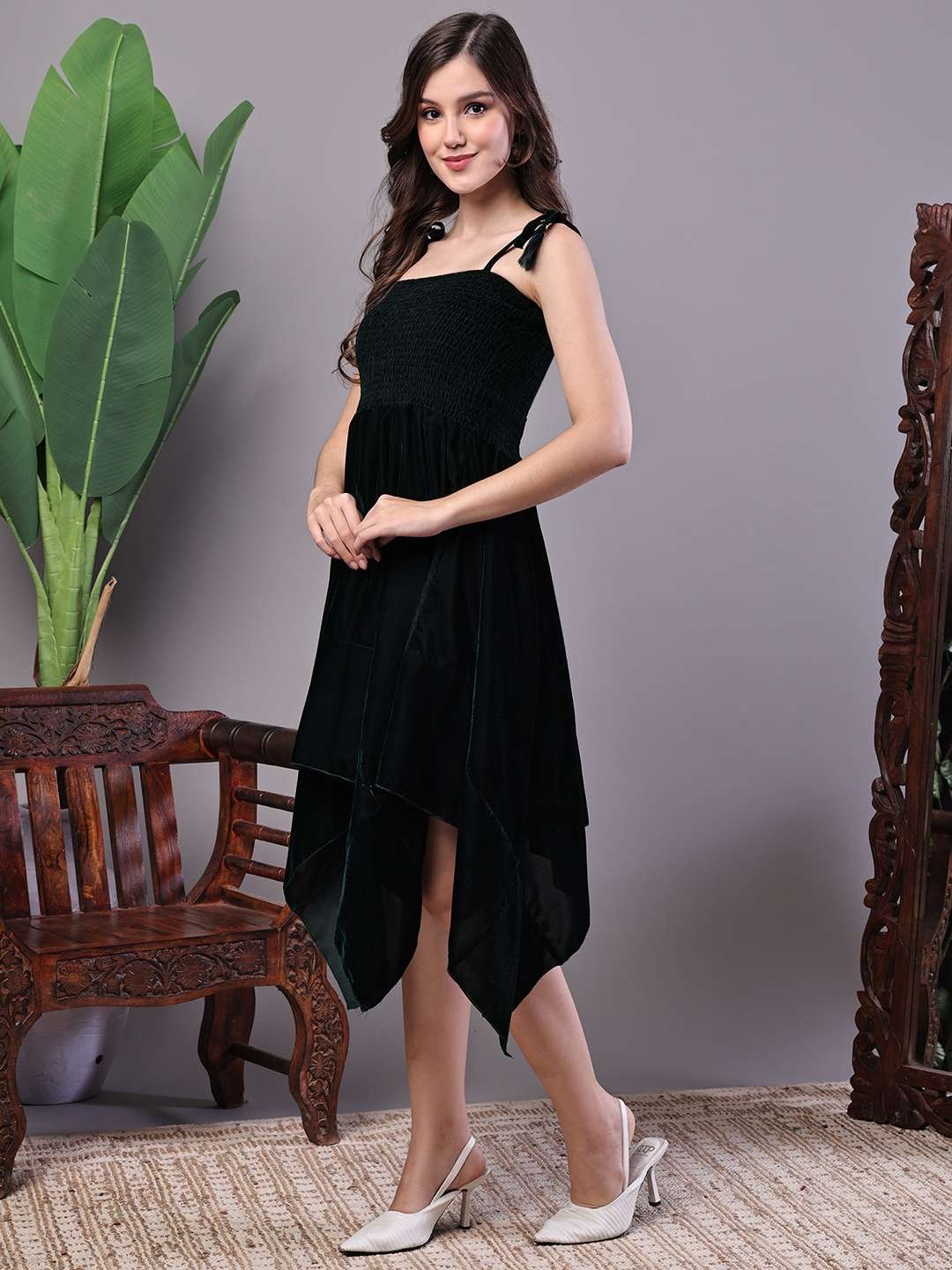 Women's Bottle Green Junglee Pattern Velvet Handkerchief Hem Dress Midi Dresses
