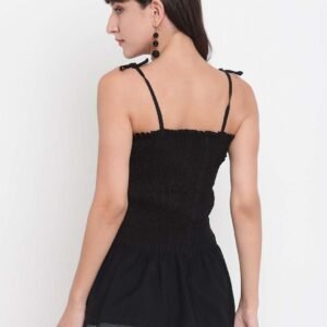 Women's Rayon Solid Casual Summer Style Tie Shoulder Straps Free Size Tank Top (Black)