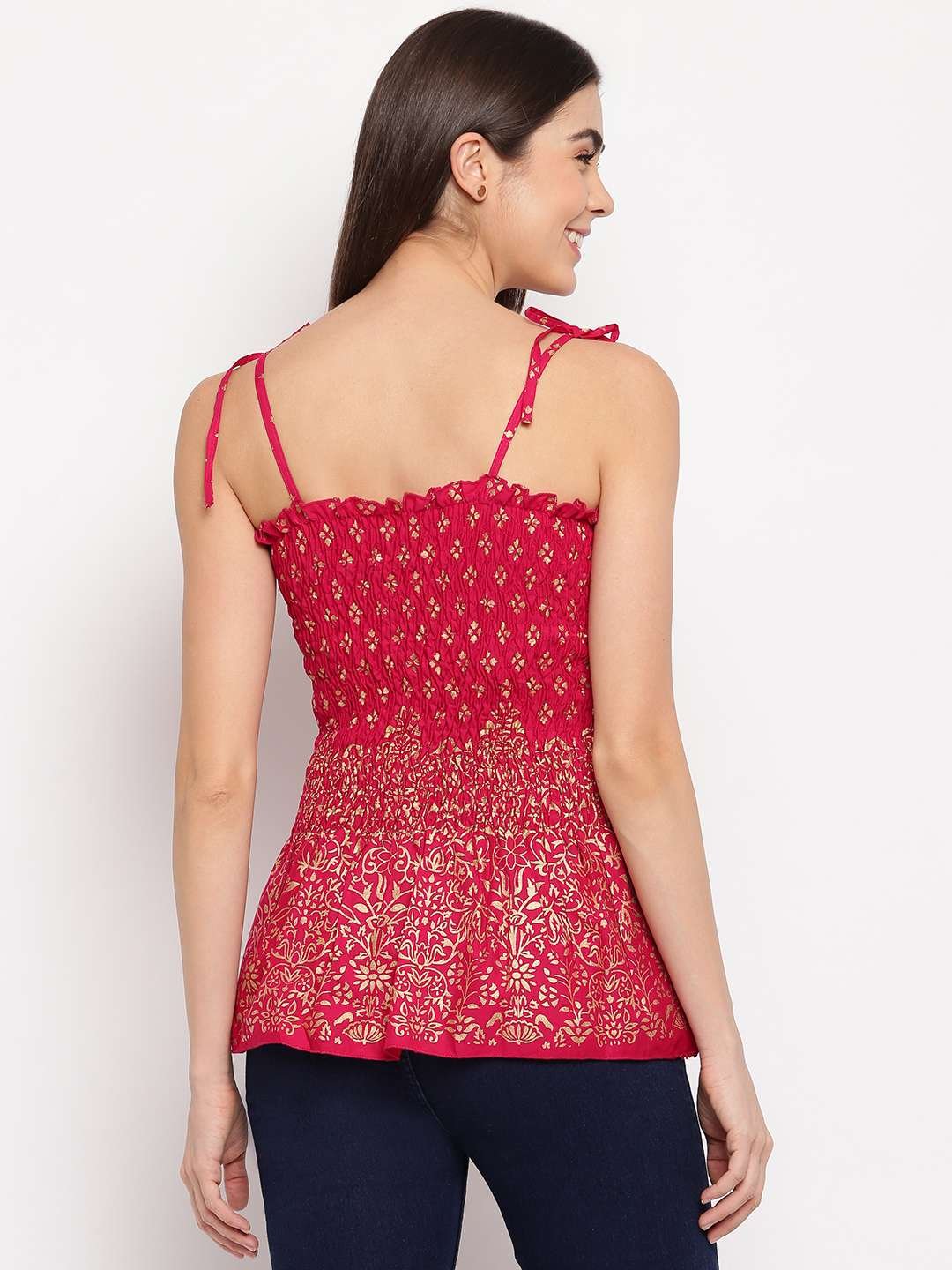 Women's Rayon Floral Printed Casual Summer Style Tie Shoulder Straps Free Size Tank Top ( Maroon Gold Pattern)