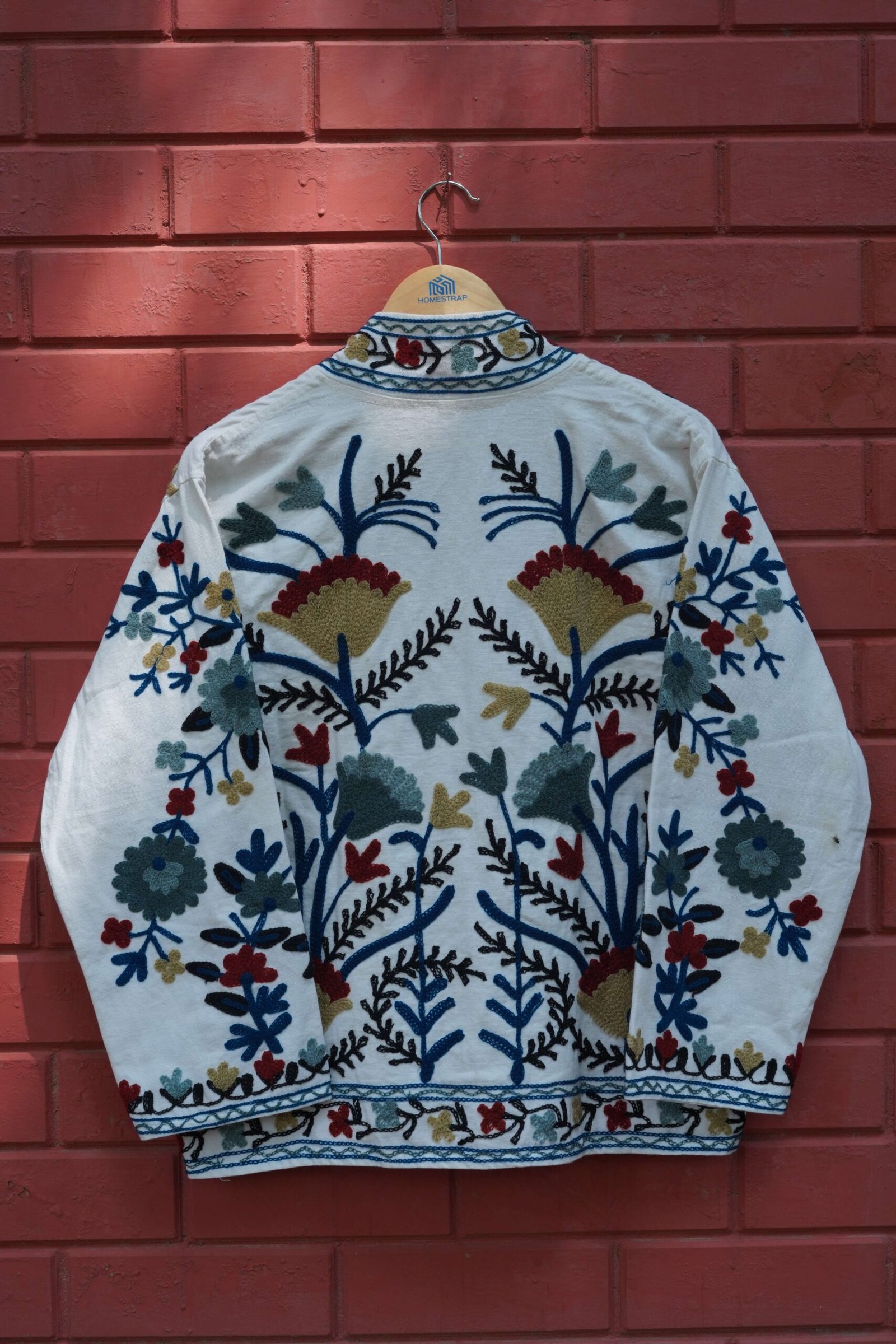 Womens White Velvet Embroidered Jacket with Floral Design - Image 8