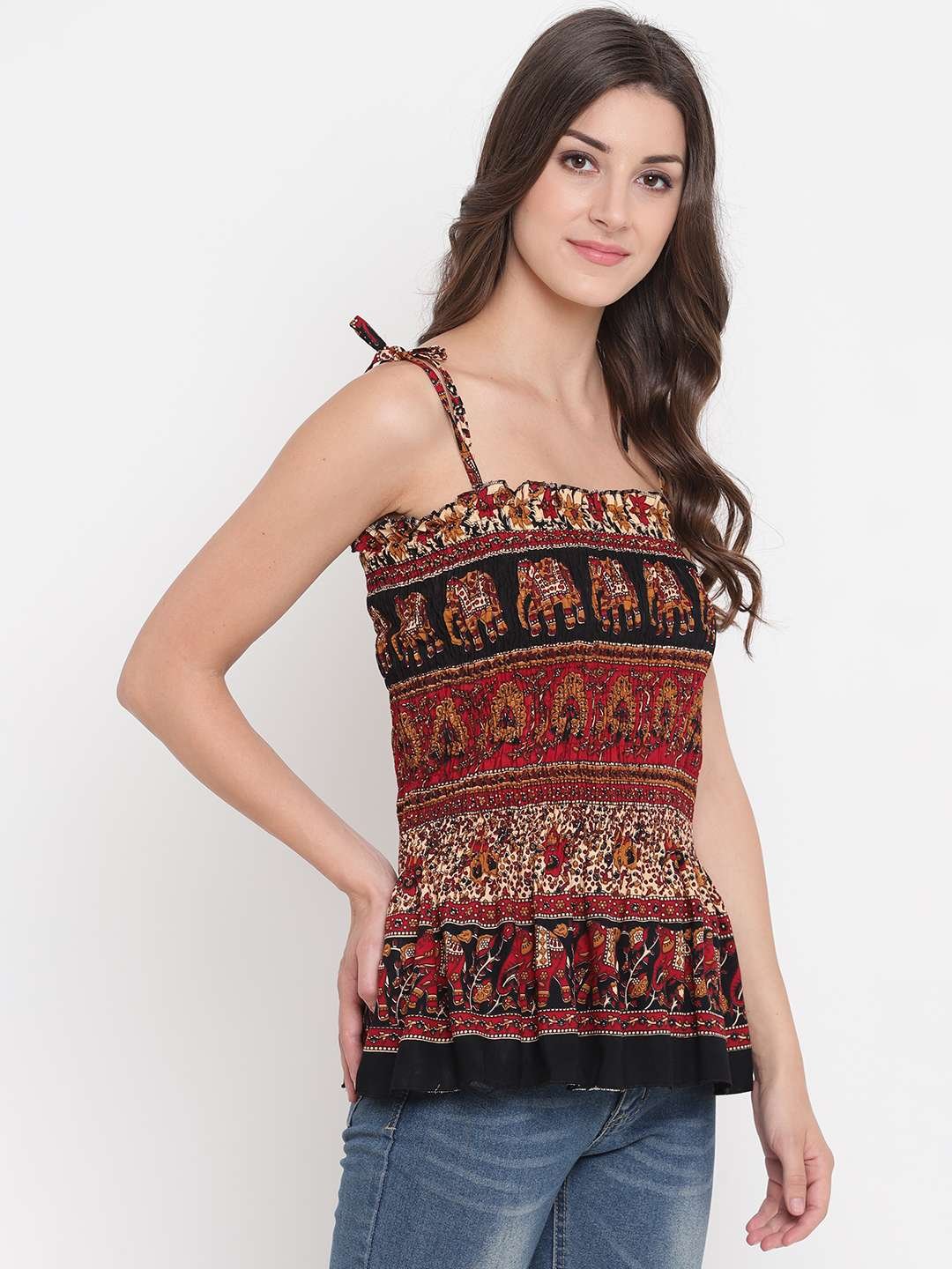 Women's Rayon Printed Casual Summer Style Tie Shoulder Straps Free Size Tank Top ( Multi9)
