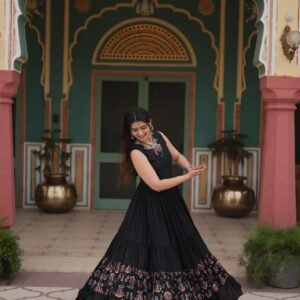 Black Designer Heavy Reyon Gown with Printed Frill & Fancy V-Neck