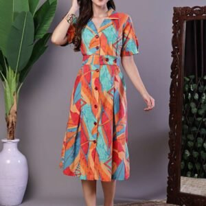 Women's Tropical Print Button-Down Cotton Midi Dress