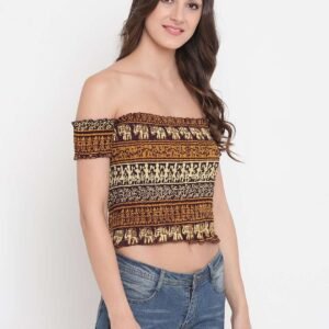 Women's Rayon Printed Off-Shoulder Smocked Crop Top Short Sleeve Casual Styles Tank Top (FREE SIZE) Multi5