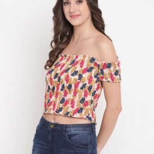 Women's Rayon Printed Off-Shoulder Smocked Crop Top Short Sleeve Casual Styles Tank Top (FREE SIZE) Multi32